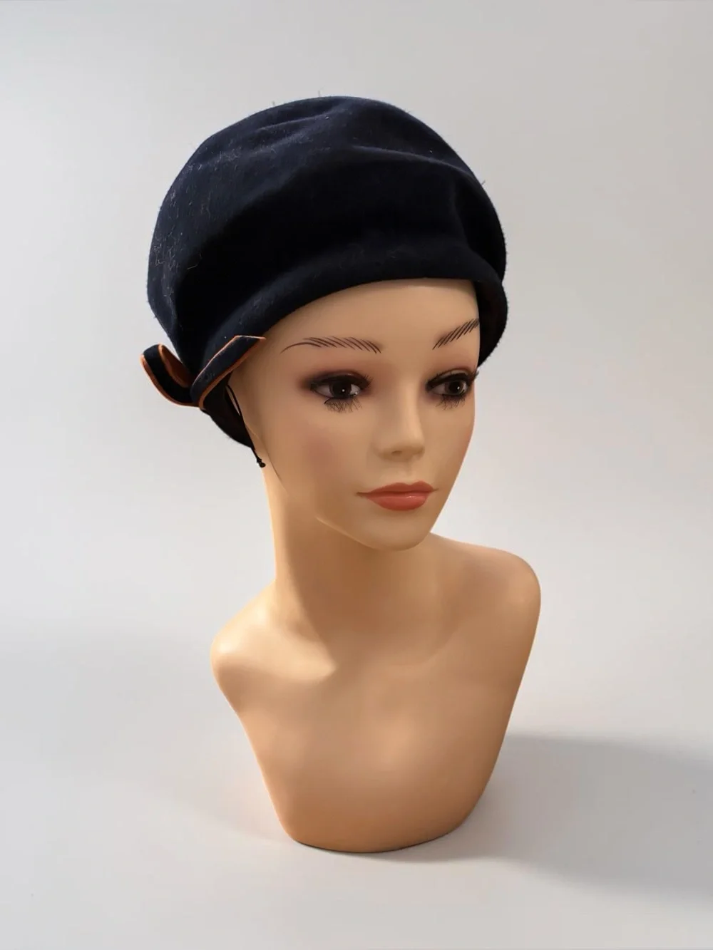 Vintage Dark Navy Felt Asymmetric Cloche Beret Hat with Side Bow